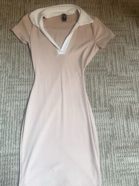Windsor Ribbed Polo-Style Midi Dress with Contrast Collar - Blush
